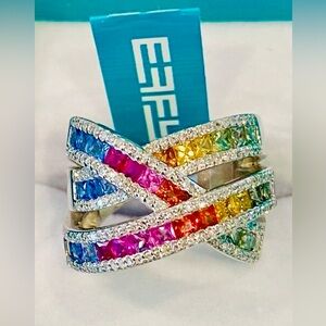 14k Effy Watercolors Multi Colored Sapphires & Diamonds Highway Rainbow Ring NWT
